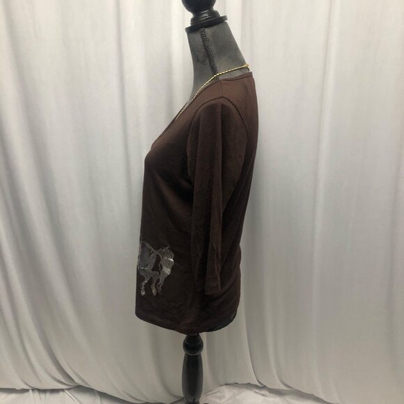 Rods Brown V-Neck Horse Graphic T-Shirt Womens Size Large Equestrian Casual - Picture 2 of 7